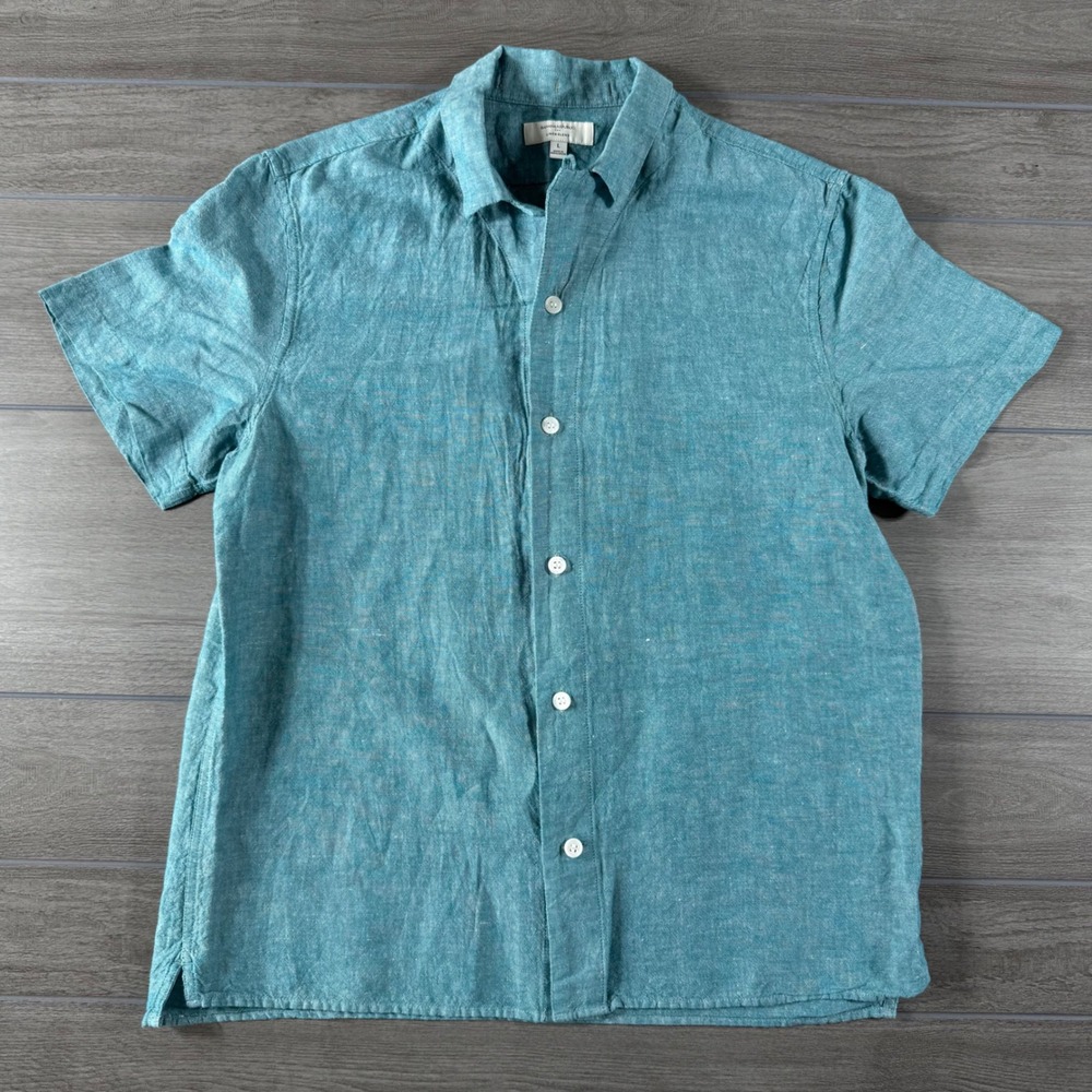 Banana Republic Mens Large Linen Cotton Short Sleeve Button Down Shirt Teal Blue